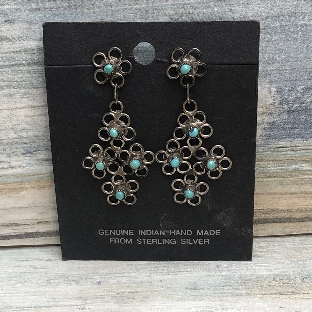 Zuni Flower Native American Indian Earrings Dangle Drop Silver Turquoise‎